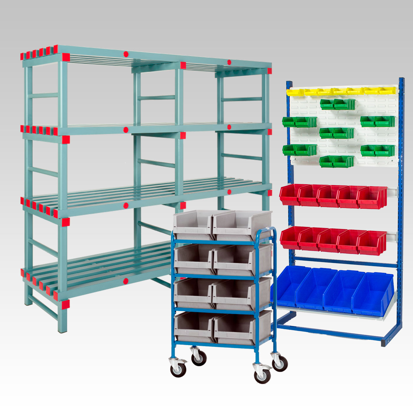 bacs de rangement et rayonnages