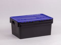 Distributiebak 600x400x275 mm, 45 l. zwart met blauw scharnierdeksel