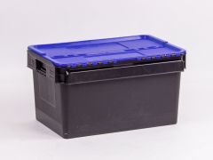 Distributiebak 600x400x320 mm, 52 l. zwart met blauw scharnierdeksel