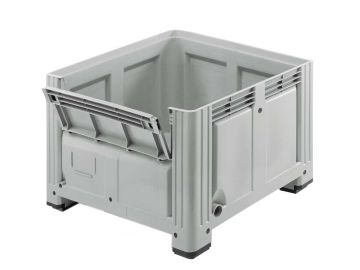 Palletbox 760 liter, 1200x1000x850 mm op 4 poten met inwerpklep in 1 lange zijde lichtgrijs