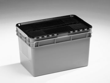 Distributiebak 600x400x374 mm, 60 ltr, grijs met dichte grepen