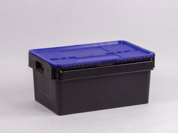 Distributiebak 600x400x275 mm, 45 liter, zwart met blauw scharnierdeksel
