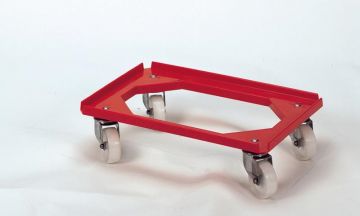 Kunststof transportroller 600x400 mm open dek, galva zwenkwielen rood