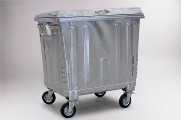 Metalen 1100 liter container, 4-wiel, met versterkt stalen deksel