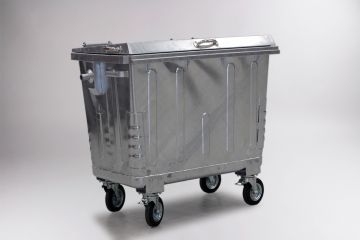 Metalen 660 liter container, 4-wiel, met versterkt stalen deksel