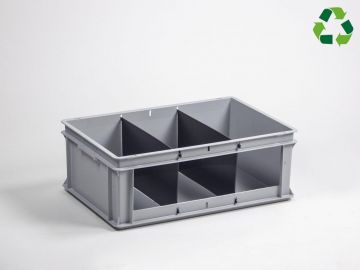 Stackable storage bin 40L open front with three compartments