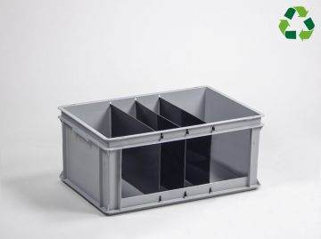 Stackable storage bin 60L open front with four compartments