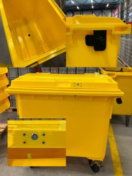 660 liter container, geel met afsluitbaar scharnierdeksel
