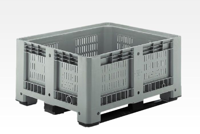 Palletbox 430 liter, 1200x1000x600 mm geperforeerd op 3 sleden lichtgrijs