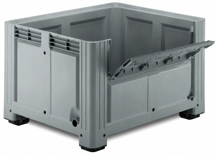 Palletbox 680 liter, 1200x1000x760 mm op 4 poten met inwerpklep in 1 lange zijde,lichtgrijs