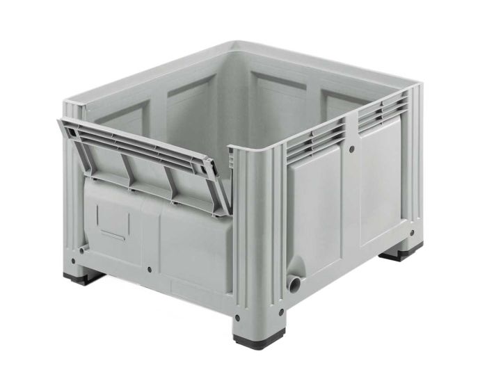 Palletbox 760 liter, 1200x1000x850 mm op 4 poten met inwerpklep in 1 lange zijde lichtgrijs