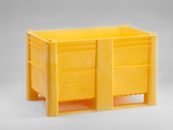 Hygiëne palletbox 1200x800x740 mm, 520 l. met 2 sleden, geel