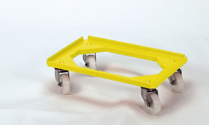 Kunststof transportroller, 600x400 mm open dek, inox zwenkwielen, geel