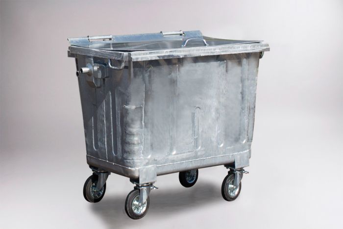 Metalen 4-wiel container, 660 l. met staal deksel