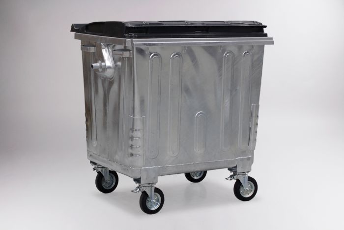 Metal Wheelie Bin 1100L with plastic black lid, 1370x970x1430 mm