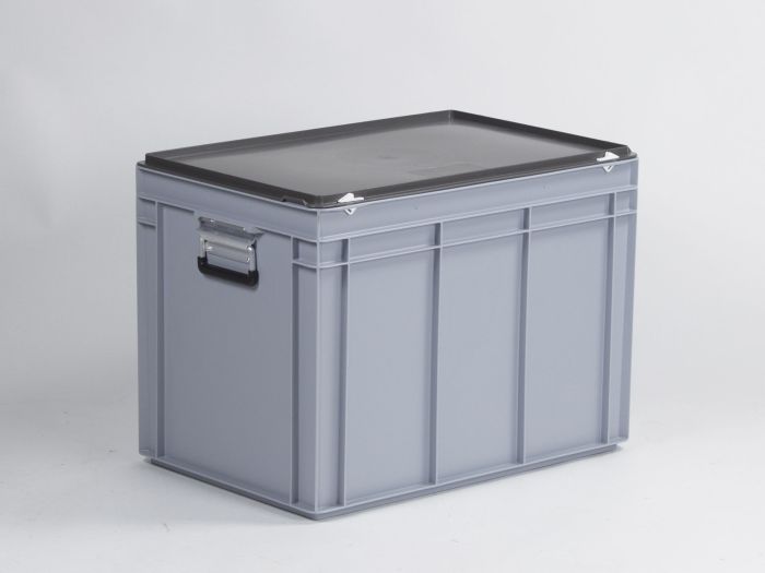 Kunststof koffer 600x400x440 mm met 2 aluminium valgrepen, 90 liter, grijs, euronorm