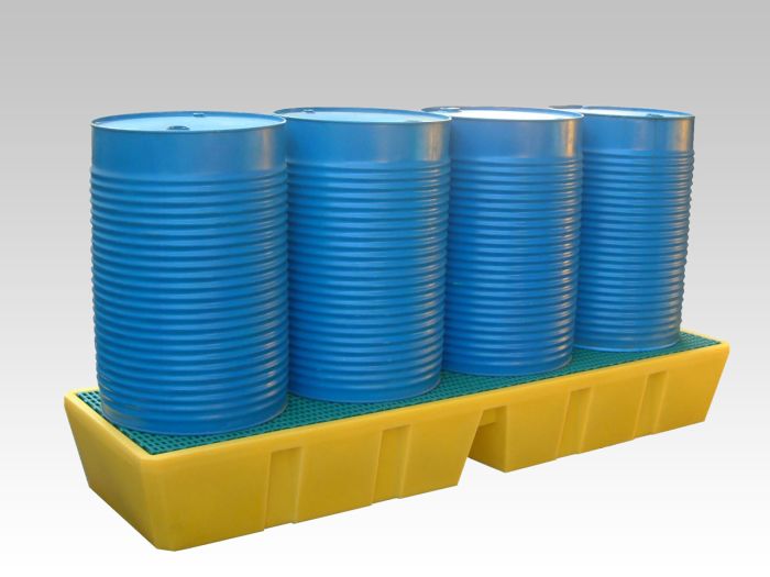 Lekbak 2410x700x330 mm, 450 l. met geplastificeerd rooster, geel