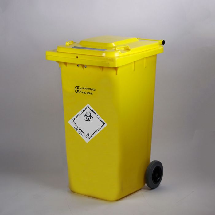 Un-gekeurde 2-wielcontainer 240 liter, met afsluitbaar deksel, UN3291, geel