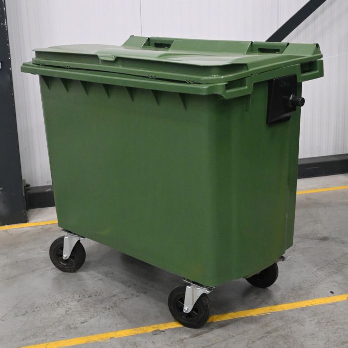 Afvalcontainer 660 liter, met scharnierdeksel, groen, zo goed als nieuw 