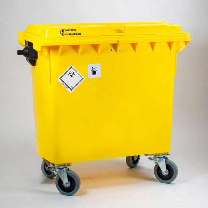 Un-gekeurde 4-wielcontainer 770 liter met afsluitbaar deksel, UN3291, geel