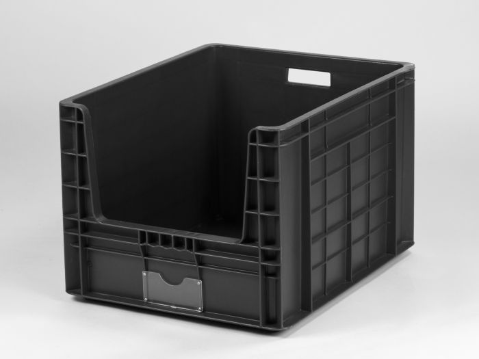 Stapelbare magazijnbak 605x500x400 mm 97 liter met uitneemopening, donkergrijs